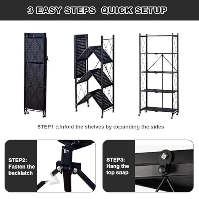 5 Tier Storage Shelves Unit, Foldable Storage Shelves with Wheels, No Assembly Freestanding Metal Wire Shelf Rack Up to 300KG Microwave Stand for Kitchen, Garage, Pantry