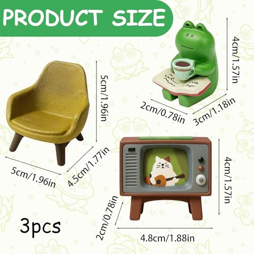 KxrTpx 3 Pieces Frog Decor, Cute Frog Car Ornament Set with TV & Couch, Miniature Resin Desktop Decorations for Bookshelf, Desk, Living Room, Unique Home Decor Gifts