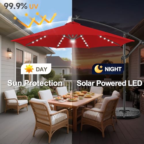 Image of Solar Offset Patio Umbrella - 10 FT Solar Cantilever Umbrella Outdoor with 40 LED Lights and Cross Base, UV Protection for Garden, Deck, Backyard, Pool, Porch, Red