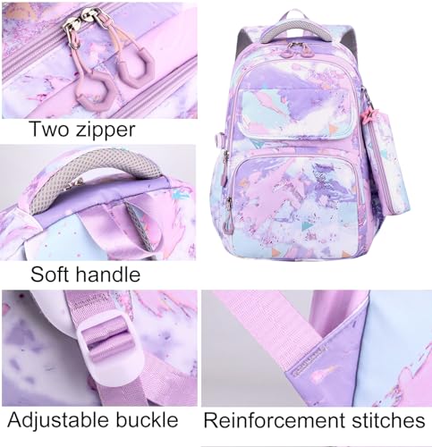 JiaYou Junior Middle School 3Pcs Backpack Sets High School Laptop Bag Marble pattern Daypack with Lunch bag(Purple,34 Liters)4