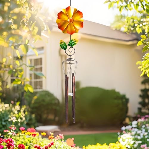 MUMTOP Wind Chimes for Outside Clearance - Garden Wind Chimes with Flower Wind Spinner, 33 Inch Deep Tone Metal Memorial Sympathy Windchimes for Patio Outdoor Porch Yard Decor Gifts(Orange)