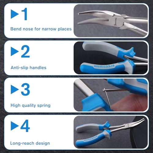 Image of SPEEDWOX Long Reach Bent Nose Pliers 6 Inches 45 Degree Curved Mini Chain Nose Smooth Tapered Jaws Precision Fine Pliers for Hard to Reach Narrow Spaces High Leverage Reduce Efforts Non-slip Handle