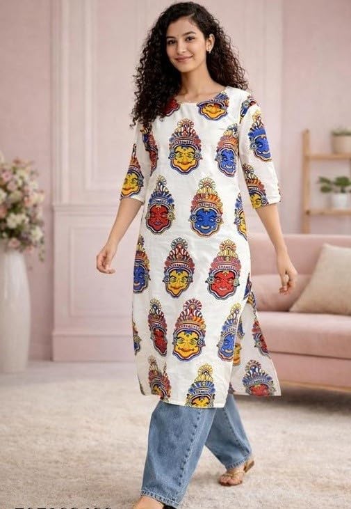 Women Printed, Tribal, Kalamkari, Abstract Khadi Cotton Kurti. - Image 6