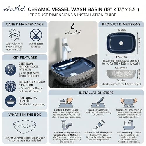 Image of InArt Designer Ceramic Wash Basin /Vessel Sink /Over or Above Counter Top Wash Basin for Bathroom Rectangle Shape Blue Color 18 x 13 x 5.5 Inch