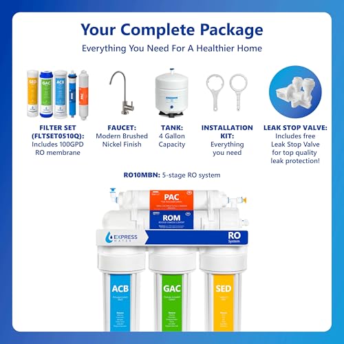 Image of Express Water Reverse Osmosis Water Filtration System - 5 Stage RO Water Filter System with Faucet and Tank - Under Sink Water Filter - 100 GPD