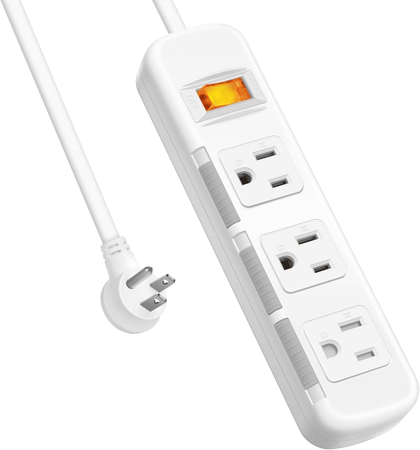 Flat Plug Power Strip Surge Protector 3 Outlets, Extension Cord 3 ft 3 Prong, 300J, 10A/1250W, Overload Protection Switch, Plug Strip for Home Office, Child Safety Slide Outlet Covers, SGS Approved