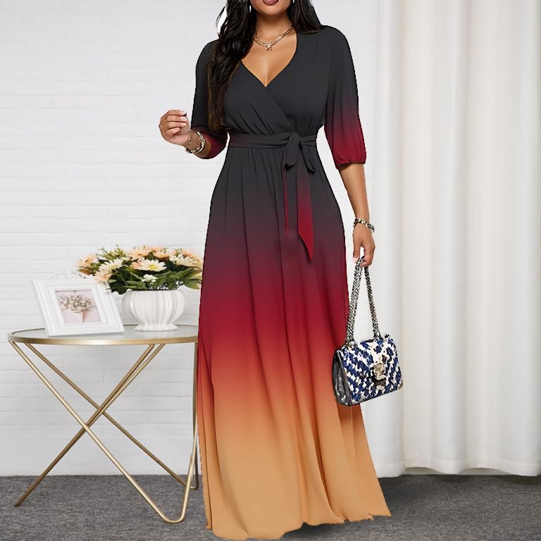 Image of CaniBtr Maxi Dresses for Women Plus Size 3 /4 Sleeve Long Dress with Belt | Versatile plus-size maxi dress,wrap v-neck + waist tie craft soft glamorous looks easily for everyday casual outings