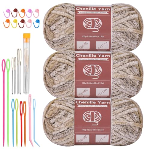 Image of LUNARM Chenille Yarn for Crochet Knitting Chunky Blanket Velvet Yarn | 3 Pack 3.5oz /100g 263 Yard Light Khaki Gradient Yarn for Beginners Knitting Scarves with Big Eye Needles Machine Washable