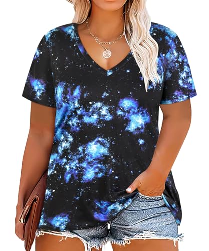 Image of RITERA Women Plus Size Tops Tie Dye V Neck Shirt Floral Camo Summer Short Sleeve Tunic Oversized Ladies Blouse XL-5XL