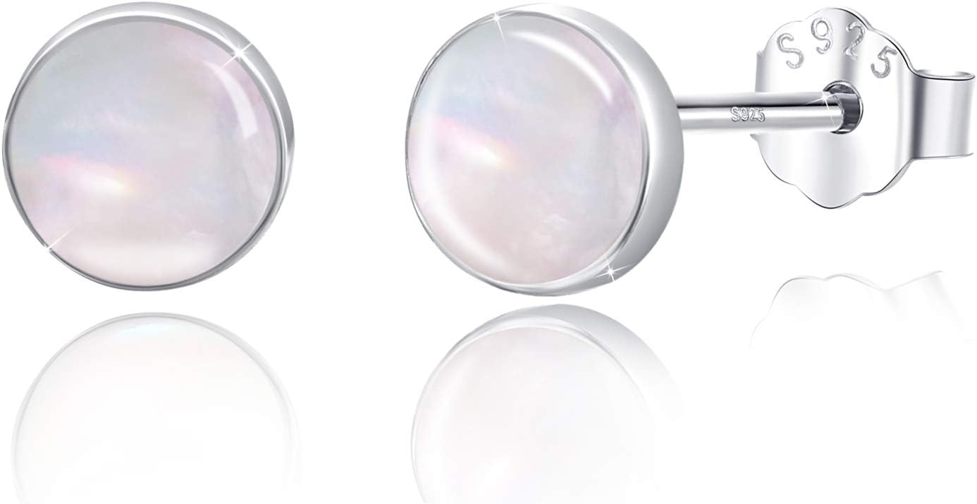 925 Sterling Silver Mother of Pearl Round Shape 5MM Tiny Studs Earrings, Hypoallergenic for Sensitive Ears, Pearl Jewelry Mother Day Gift for Women Girlfriend with Gift Box