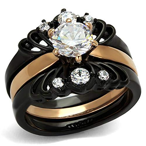 Marimor Jewelry Women's Rose and Black Plated Stainless Steel Wedding Engagement Ring Band Set