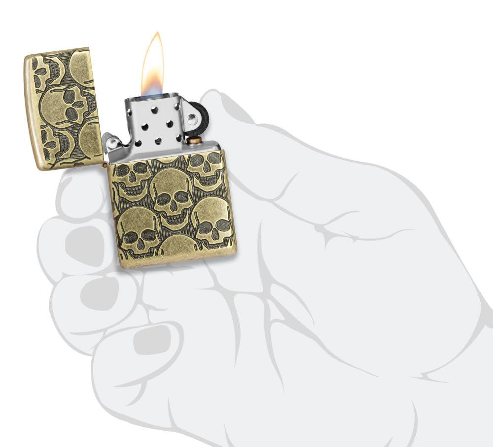 Zippo Sturmfeuerzeug - Skull, Antique Brass, MultiCut - Nachfüllbar - Wiederverwendbar - Windfestes Design - Geschenkbox - Made in USA