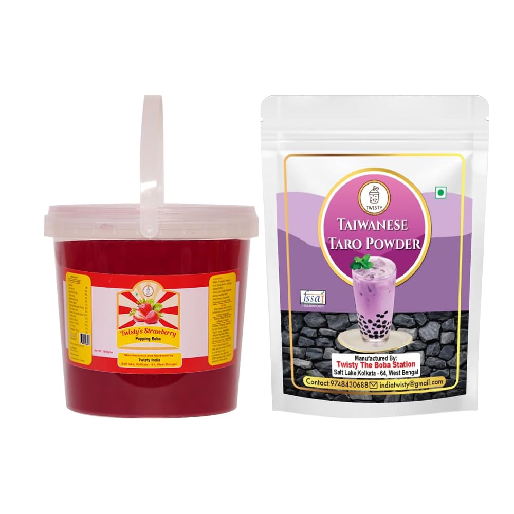 Twisty The Boba Station® Combo Pack of 2 | Popping Boba Strawberry & Taiwanese Taro Powder 1 Kg Each for Bubble Tea, Milkshakes, Ice Cream & Yogurt | Vegan, 10 Straws Included-image-34