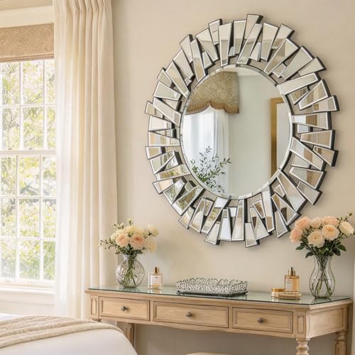 Image of 40 inch Large Living Room Mirror for Decor, Big Round Wall Mirror with Irregular Glass Frame for Bathroom, Entryway, Bedroom, Hallway, Vertically Hang