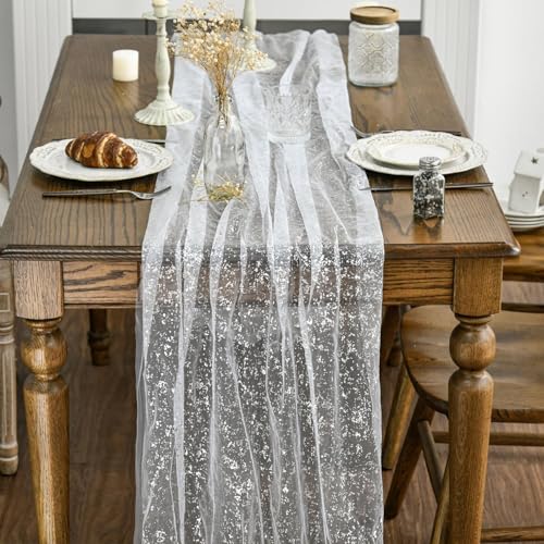 Artoid Mode White Silver Gauze Table Runner 120 Inch 10FT, Glitter Metallic Foil Sheer Dining Holiday Wedding Anniversary Birthday Table Decor for Home Party by Artoid Mode - Image 4