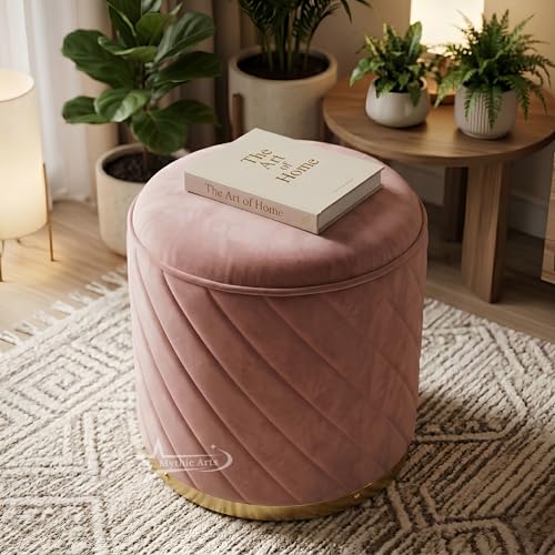 Image of Ottoman Stool, Puffy Stool, Sitting Stool, Modern Upholstered Round Ottoman, Dressing Table for Living-Pink