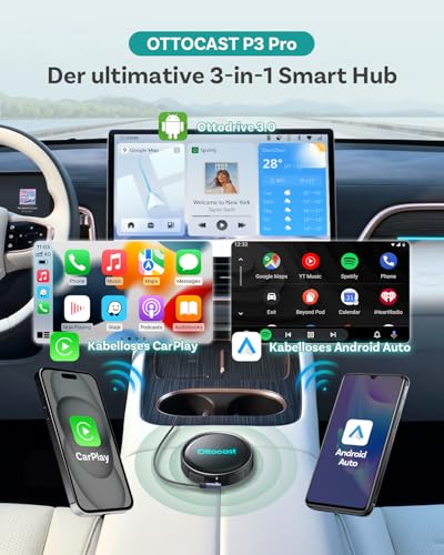 (2026 Neu) OTTOCAST P3 Pro CarPlay AI Box, 3-in-1 Wireless CarPlay & Android Auto Adapter mit HDMI-Ausgang, 8GB+128GB, 5G WiFi, Split Screen, Jede App Herunterladen für kabelgebundene CP/AA Fahrzeuge