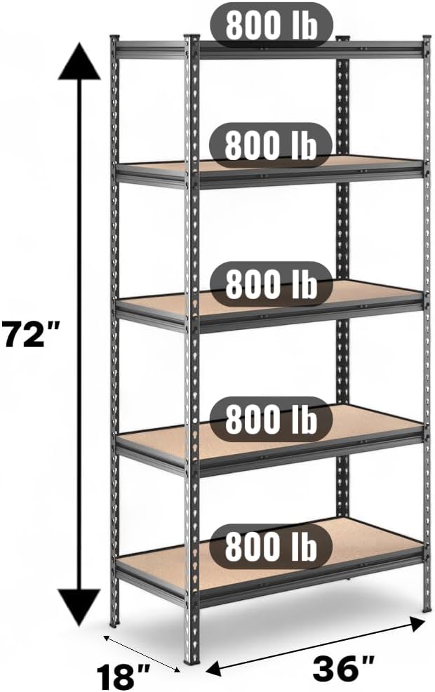 18" x 36" x 72" Boltless Industrial Shelving Unit Z-Beam Design with 5 Shelf, Heavy-Duty Steel Frame and Particleboard Shelves, 800 lb Capacity per Shelf