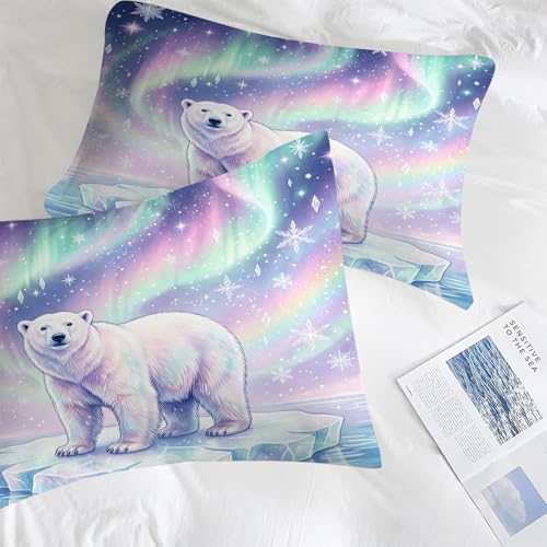 Image of Polar Bear Comforter Set King Size, Wild Animal Bedding Set for Kid Teen Boy Girl Adult, Northern Lights and Snowflake Print, Bedroom Decor 1 Comforter 2 Pillowcases