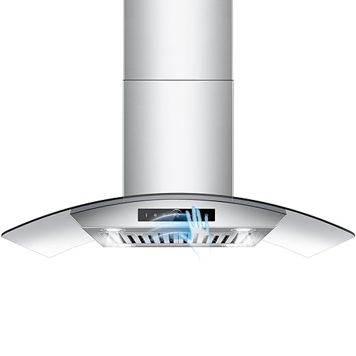 36 inch Island Range Hood 1200 CFM with 4-Speed Gesture Sensing & Touch Control, Ducted/Ductless Stainless Steel Ceiling Mount Kitchen Stove Vent Hoods with 4 LED Lights, Timer,Dishwasher-Safe Filters