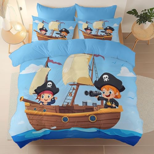 Bettbezug Set 135 x 200 cm Cartoon Pirat Schiff Mit Reißverschluss Eckbändern, Weiches Komfort Gebürsteter Mikrofaser Blau Bettwäsche Beidseitig...