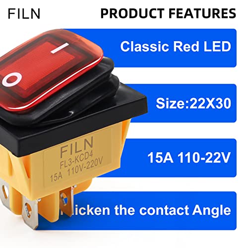 Filn 3Pcs 15A Kcd4 Waterproof Rocker Switch On/Off Switch 4Pin 110V 120V 220V Red Light Illuminated Boat Rocker Toggle Switch(Solder Terminal) #TOP3