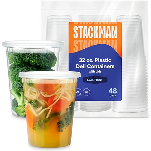 Soup Containers with Lids [48 Sets -32 oz.] Quart Plastic Deli Container - Deli Food Storage Containers with Airtight Lids for Freezer & Restaurant Takeout