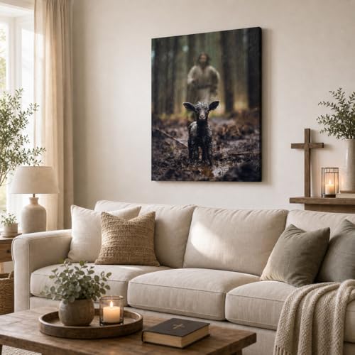 Image of GUN SUPPLIES OUTLET LLC Jesus and Lamb Canvas Wall Art Black Sheep Lost Picture Wall Art Canvas Print Christian Home Decor 12x16 inch