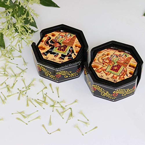 Image of Swadeshi Blessings Wooden Octagonal Coffee /Tea Coasters Set- Handcrafted & Hand-Painted for Kitchen /Table & Home Decor /Dinning /Gifts /Restaurants /Living Room /Coffee Table (Set of 6) (Black)