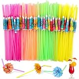 Paxcoo 100pcs Umbrella Straws - Hawaiian Luau Party Straws for Drinks Decorations (Assorted Colors)