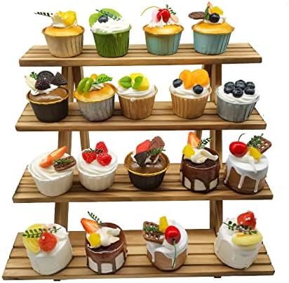 4-Tier Rustic Wood Plant Stand, 12 Inch Tall Collectible Riser Stand， Wooden Retail Cake Stand Display Table. Product, Food, Dessert, Cookie, Merchandise, Donut, Craft Show Tabletop Riser