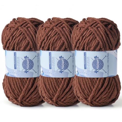 Image of 3 Pack Chunky Chenille Yarn for Crocheting, Baby Yarn for Crocheting Soft Blankets, Bulky Yarns for Crochet Amigurumi, 300g (223yds) Fluffy Velvet Yarns for Hand Knitting (3 Deep Coffee)