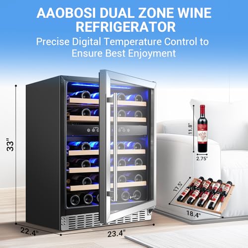 Image of AAOBOSI Upgraded 24 Inch Wine Fridge, 48Bottles Wine Cooler with Dual Zone, Freestanding and Built-in Wine Refrigerator with Adjustable Shelves and Safety Lock, Double-Layer Glass Door, LED Light