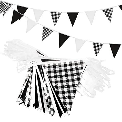 Banderines triangulares reutilizables de tela de poliéster de 16 x 22 cm, 52 unidades, color negro y blanco, para interiores y exteriores, decoración de fiesta infantil