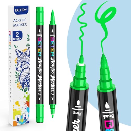 Image of Betem 2 Paint Markers for Glass, Dual Tip Acrylic Paint Pens, Green