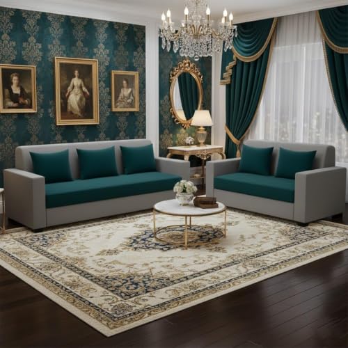 Image of FURNY Lexon 5 Seater Fabric 3+2 Sofa Set (Greenish Teal-Light Grey) Premium Velvet Finish | Durable & Comfortable | Ideal for Office & Living Room