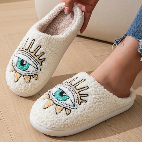Image of Womens Mens House Slippers Retro Comfy Warm Plush Slip on Fluffy Memory Foam Home Sippers for Winter Indoor Outdoor