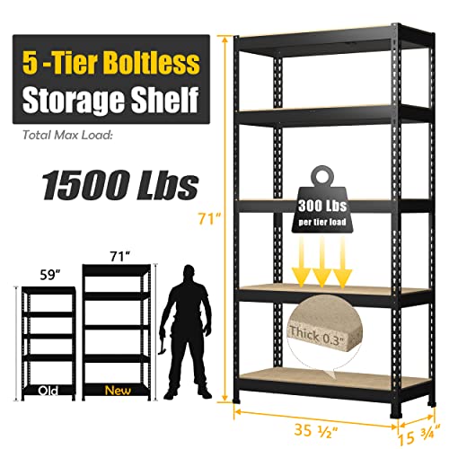 Image of PrimeZone Storage Shelves 5 Packs 5 Tier Adjustable Garage Storage Shelving, Heavy Duty Metal Storage Utility Rack Shelf Unit for Warehouse Pantry Closet Kitchen, 35.5 inch x 15.75 inch x 71 inch, Black