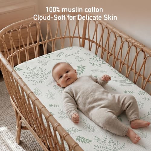 Image of Muslin Bassinet Sheets 2 Pack, Ultra Soft Breathable Fitted Sheets for Bedside Sleeper Bassinet, 33x20 Inch, Snug Fit Baby Bassinet Mattress Cover for Newborn Boys Girls (Bright Leaves)