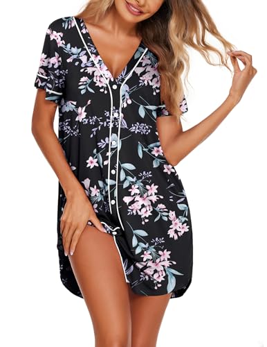 Image of Ekouaer Womens Nightgown Button Down Sleep Shirts Short Sleeve Nightshirt V-Neck Sleepdress Soft Sleepwer