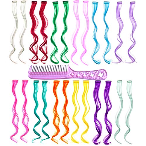 Colorful Hair Party Highlight Multicolor Synthetic Rainbow Hairpiece Hair Extension for Kids Girls Women 20 Inch (Curly 24 Pcs)