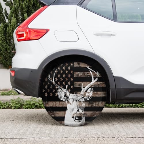 Image of American Flag Camo Tire Covers Protectors Weatherproof Dust-Proof Deer Animal Spare Wheel Cover Fit for Jeep Wrangler RV, SUV, Truck Travel Camper Trailer Vehicle 14 inch