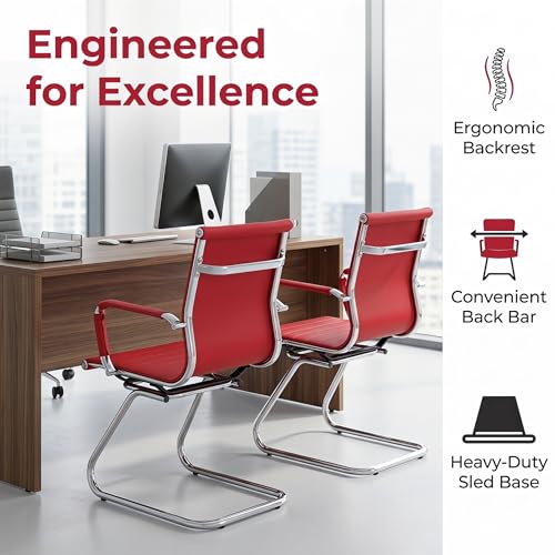 Image of HNY Leather Office Guest Chairs & Reception Chairs Set of 4, Modern Waiting Room Chairs with Arms, Desk Chair no Wheels with Sled Base for Waiting Room /Conference Room, Burgundy