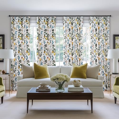 Image of Pinch Pleated Curtains Floral Cottage Core Curtains for Living Room 90 Inches Long Blue and White Vintage Hummingbird Lemon Blackout Drapes for Bedroom with Hooks Set 2 Panels