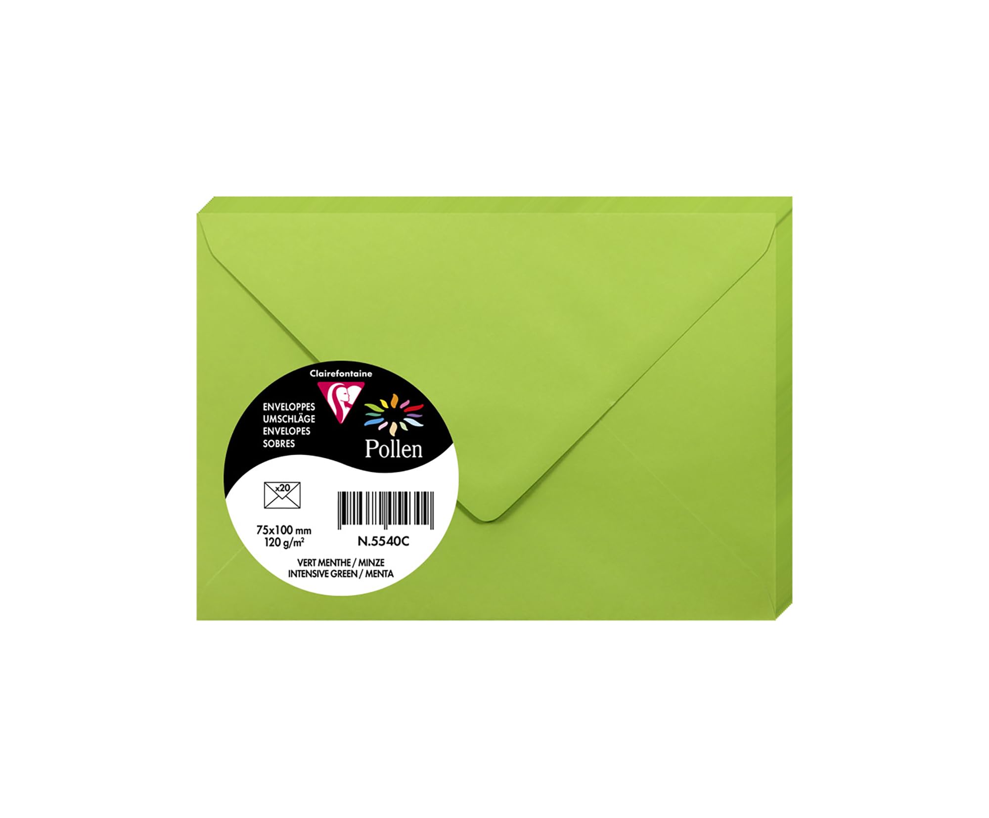 Clairefontaine 5540C Pack of 20 Gummed Envelopes Format 7,5x10cm 120g/m² Colour Intensive Green Invitation Events Correspondence Range Pollen Premium Paper