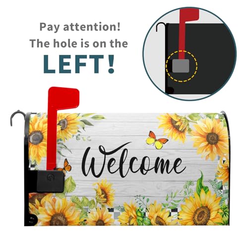 Image of Spring Summer Welcome Mailbox Cover Magnetic Standard Size 25.5 inchx21 inch Sunflower Butterfly Decorative Mailbox Covers Farmhouse Rustic Decor Post Letter Box Cover Wrap for Outside Spring Decoration