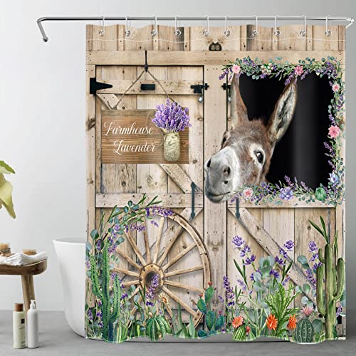 LB Farmhouse Donkey Shower Curtain Green Cactus Purple Floral Shower Curtains for Bathroom Rustic Barn Door Polyester Anti Mould Waterproof Small Bath Curtain Set including Hooks,59x71 inches