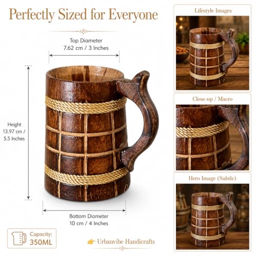 Image of Handmade Wooden Beer Mug, Wood with Sheesham Finish, Barrel Style, Lightweight & Durable, for Craft Beer, Home Bar, Cafe, Party, Gift(350ml) (Barfi)