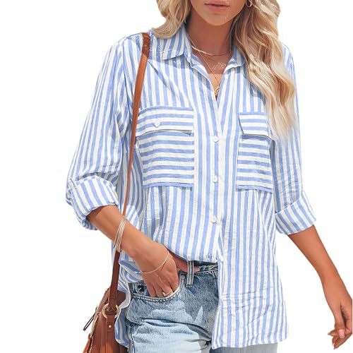 NONSAR Bluse Damen Langarm Streifen Oberteile Casual Gestreiftes Hemd Baumwolle Tunika Langarmshirt Tops Leinenbluse(9373M,Blau)