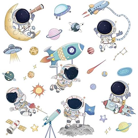 Space Wall Decals for Boys Kids Bedroom, Cartoon Outer Space Planet Wall Stickers Removable Astronaut Wall Mural Decals for Kids Bedroom Living Room Nursery Classroom Home Decoration Cover